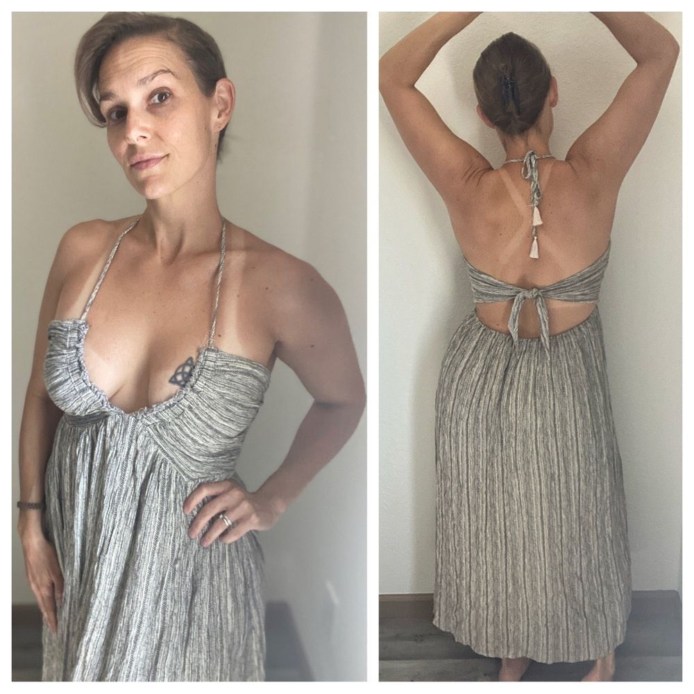 Promesa Halter Midi Dress Black Cream Back Tie Boho Vacation
